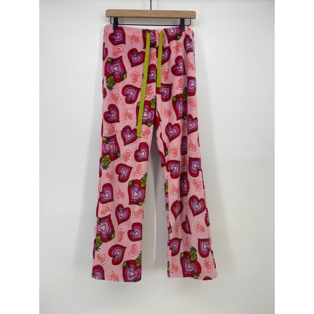 Dr. Seuss The Grinch Pajama Pants Size M Pink Heart Fleece Lounge Excellent